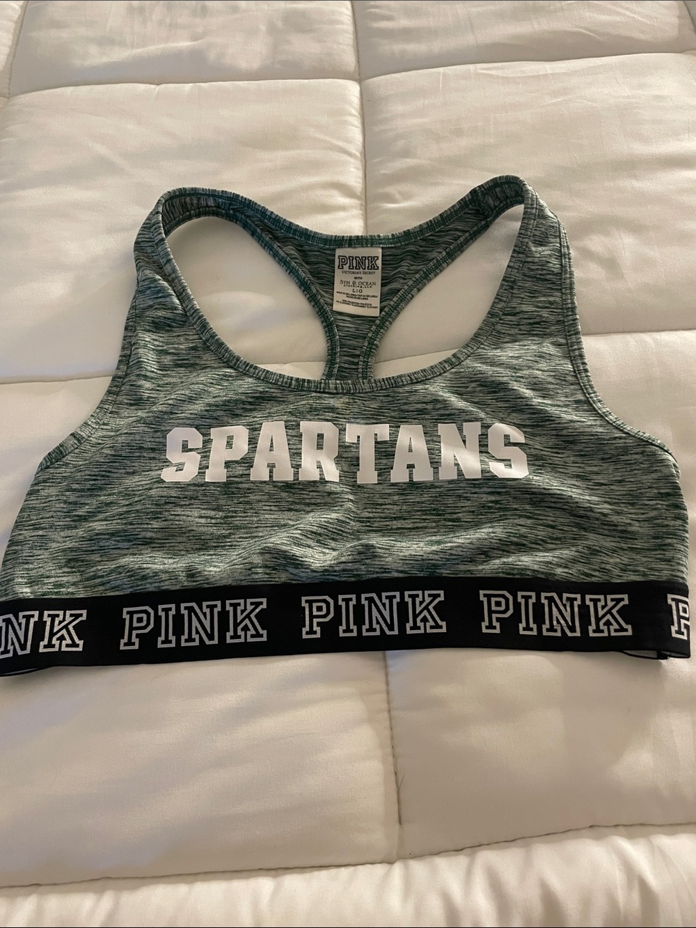 PINK Heather Green Racerback Sports Bra with Black Logo Band